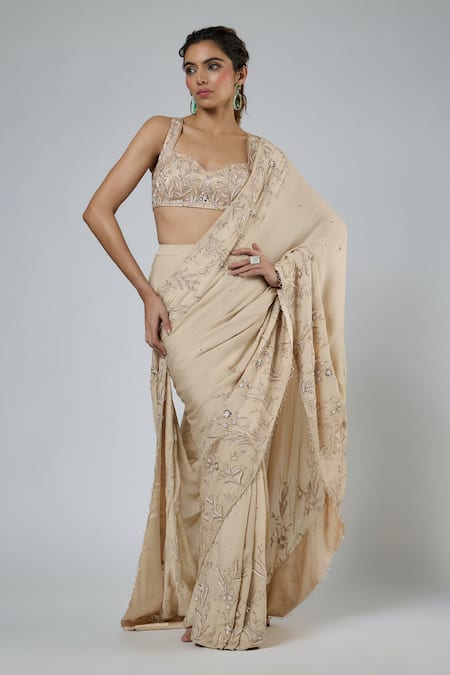 Buy Masumi Mewawalla Beige Georgette, Tussar, Silk Embroidery, Resham And Aari Pre-draped Saree Set Online at Aza Fashions Buy_Masumi Mewawalla_Beige Georgette, Tussar, Silk Embroidery, Resham And Aari Pre-draped Saree Set _Online_at_Aza_Fashions