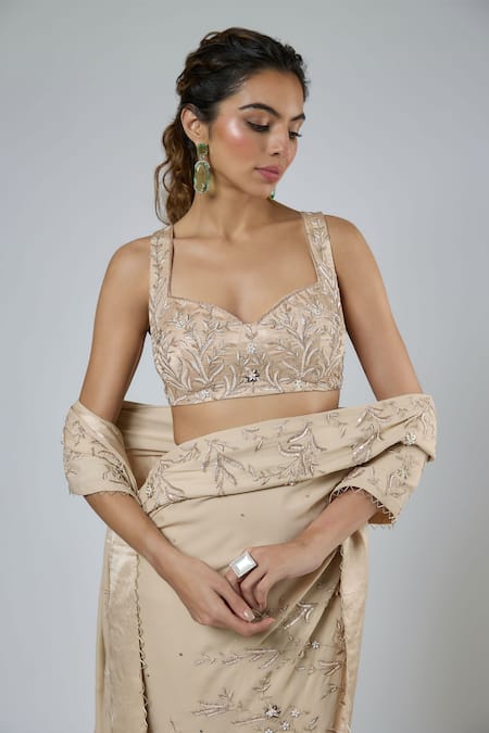 Shop Masumi Mewawalla Beige Georgette, Tussar, Silk Embroidery, Resham And Aari Pre-draped Saree Set Online at Aza Fashions Shop_Masumi Mewawalla_Beige Georgette, Tussar, Silk Embroidery, Resham And Aari Pre-draped Saree Set _Online_at_Aza_Fashions