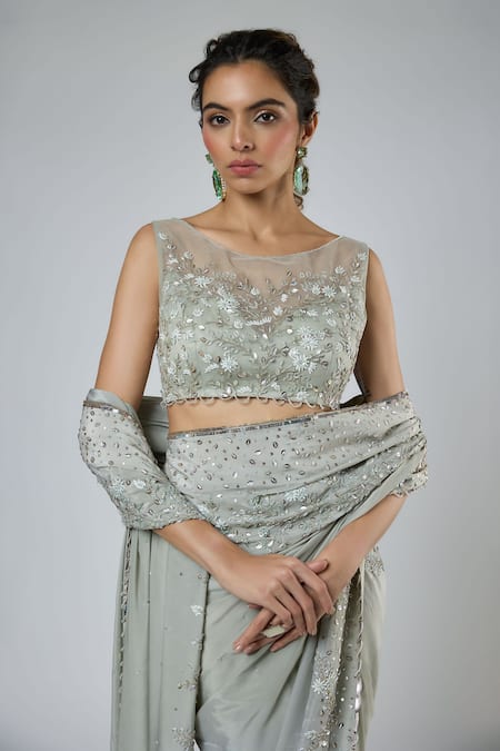 Buy Masumi Mewawalla Green Crepe, Tulle Embroidery, Sequins, Aari Pre-draped Saree And Blouse Set Online at Aza Fashions Buy_Masumi Mewawalla_Green Crepe, Tulle Embroidery, Sequins, Aari Pre-draped Saree And Blouse Set _Online_at_Aza_Fashions
