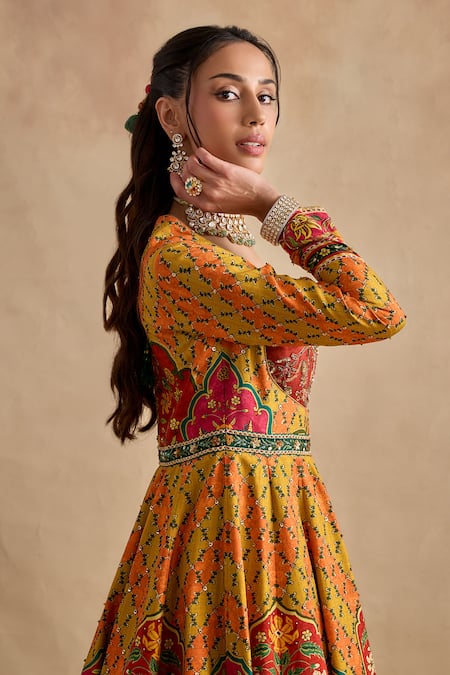 Buy Kalista Mustard Viscose, Silk, Tulle Foil Sandhya Printed Anarkali And Dupatta Set Online at Aza Fashions Buy_Kalista_Mustard Viscose, Silk, Tulle Foil Sandhya Printed Anarkali And Dupatta Set _Online_at_Aza_Fashions