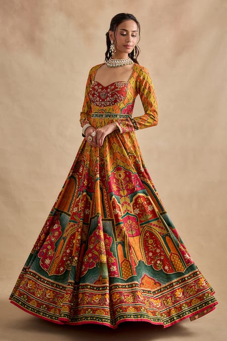 Shop Kalista Mustard Viscose, Silk, Tulle Foil Sandhya Printed Anarkali And Dupatta Set Online at Aza Fashions Shop_Kalista_Mustard Viscose, Silk, Tulle Foil Sandhya Printed Anarkali And Dupatta Set _Online_at_Aza_Fashions