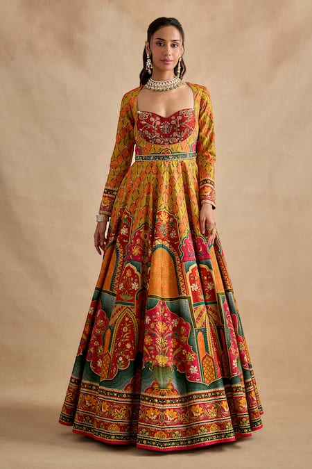 Kalista Mustard Viscose, Silk, Tulle Foil Sandhya Printed Anarkali And Dupatta Set at Aza Fashions Kalista_Mustard Viscose, Silk, Tulle Foil Sandhya Printed Anarkali And Dupatta Set _at_Aza_Fashions