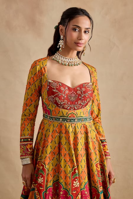 Buy Kalista Mustard Viscose, Silk, Tulle Foil Sandhya Printed Anarkali And Dupatta Set Buy_Kalista_Mustard Viscose, Silk, Tulle Foil Sandhya Printed Anarkali And Dupatta Set