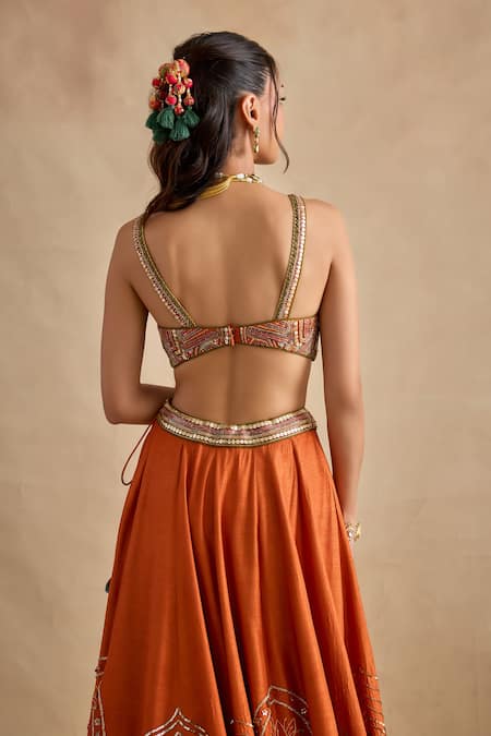 Kalista_Orange Silk, Viscose Georgette Embroidery, Sequins, Zari, Yamika Lehenga Set _Online_at_Aza_Fashions