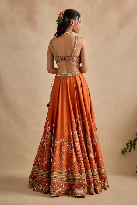 Buy_Kalista_Orange Silk, Viscose Georgette Embroidery, Sequins, Zari, Yamika Lehenga Set _Online_at_Aza_Fashions