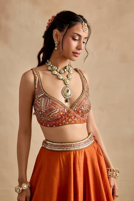 Shop_Kalista_Orange Silk, Viscose Georgette Embroidery, Sequins, Zari, Yamika Lehenga Set _Online_at_Aza_Fashions
