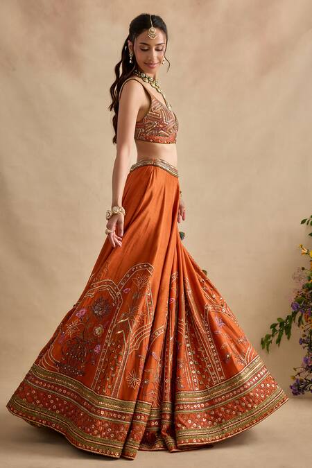 Kalista_Orange Silk, Viscose Georgette Embroidery, Sequins, Zari, Yamika Lehenga Set _at_Aza_Fashions