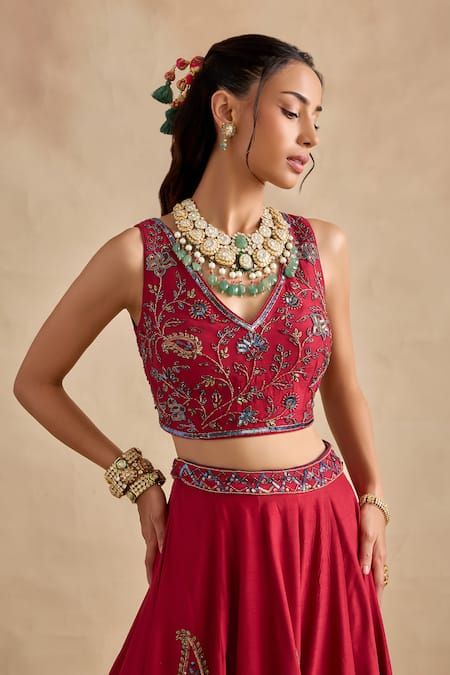 Kalista_Magenta Viscose, Silk, Tissue Embroidery, Sequins, Aashna Paisley Lehenga Set _Online_at_Aza_Fashions