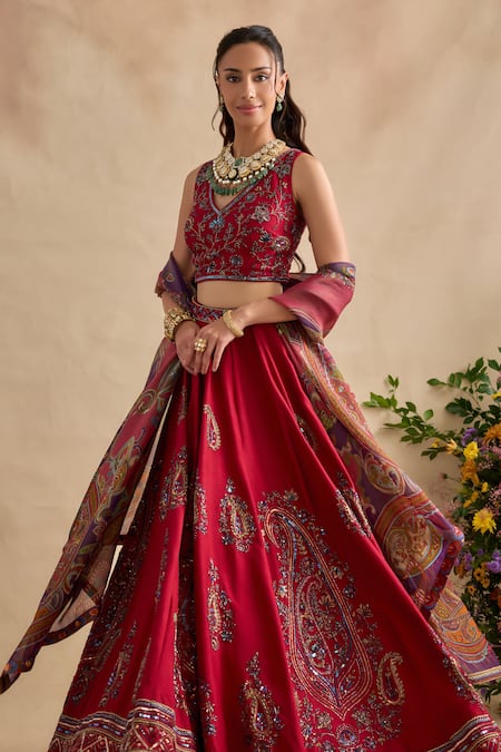 Kalista_Magenta Viscose, Silk, Tissue Embroidery, Sequins, Aashna Paisley Lehenga Set _at_Aza_Fashions
