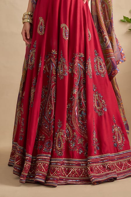 Shop_Kalista_Magenta Viscose, Silk, Tissue Embroidery, Sequins, Aashna Paisley Lehenga Set 