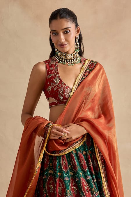 Kalista_Green Viscose, Silk, Tissue Embroidery, Sequins, Shazia Printed Lehenga Set  _Online_at_Aza_Fashions