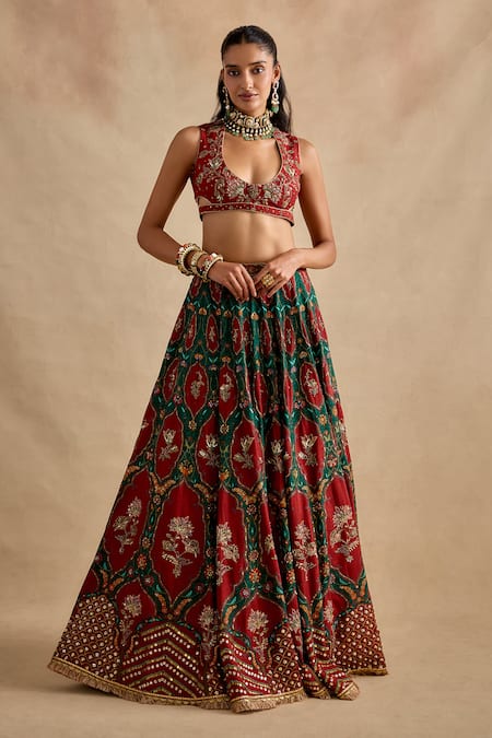 Buy_Kalista_Green Viscose, Silk, Tissue Embroidery, Sequins, Shazia Printed Lehenga Set  _Online_at_Aza_Fashions