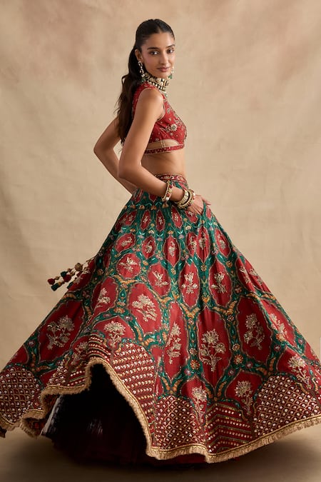 Shop_Kalista_Green Viscose, Silk, Tissue Embroidery, Sequins, Shazia Printed Lehenga Set  _Online_at_Aza_Fashions