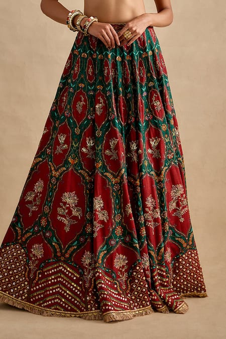 Kalista_Green Viscose, Silk, Tissue Embroidery, Sequins, Shazia Printed Lehenga Set  _at_Aza_Fashions