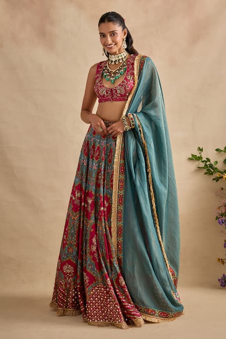 Kalista_Green Viscose, Silk, Tissue Embroidery, Zari, Shazia Printed Lehenga Set  _Online_at_Aza_Fashions