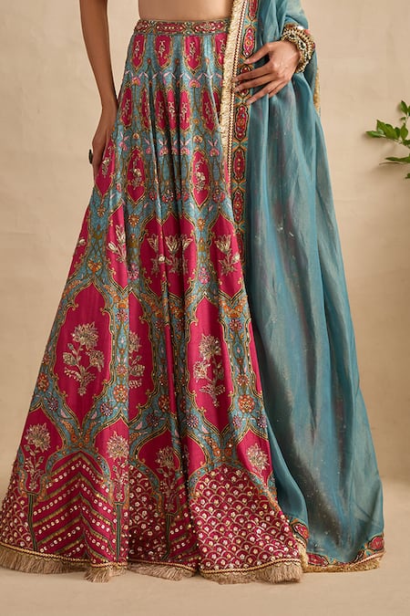 Buy_Kalista_Green Viscose, Silk, Tissue Embroidery, Zari, Shazia Printed Lehenga Set  _Online_at_Aza_Fashions