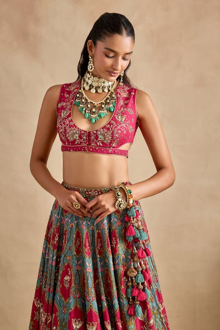 Shop_Kalista_Green Viscose, Silk, Tissue Embroidery, Zari, Shazia Printed Lehenga Set  _Online_at_Aza_Fashions