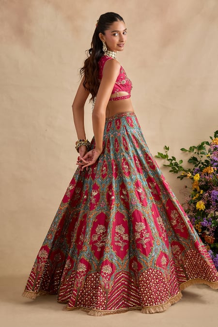 Kalista_Green Viscose, Silk, Tissue Embroidery, Zari, Shazia Printed Lehenga Set  _at_Aza_Fashions