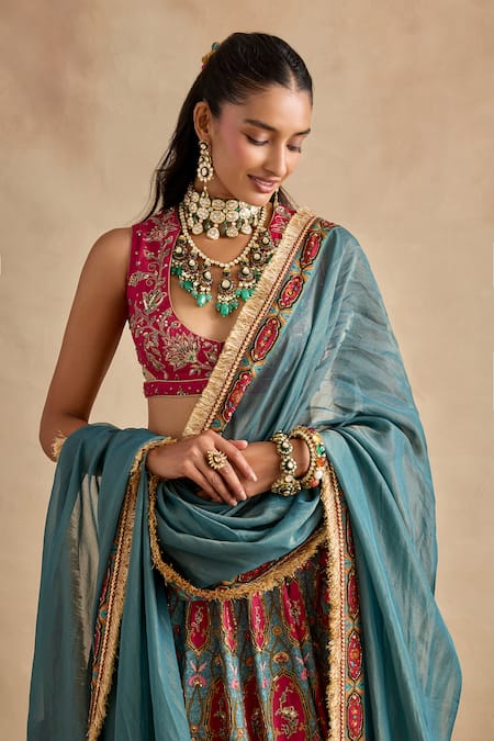 Buy_Kalista_Green Viscose, Silk, Tissue Embroidery, Zari, Shazia Printed Lehenga Set  