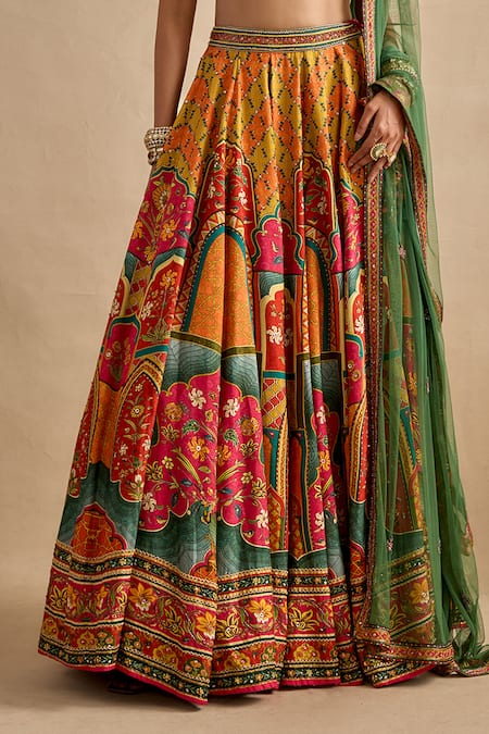 Shop Kalista Orange Silk, Net Embroidery, Zari, Tassels, Sequins Sandhya Printed Lehenga Set Online at Aza Fashions Shop_Kalista_Orange Silk, Net Embroidery, Zari, Tassels, Sequins Sandhya Printed Lehenga Set _Online_at_Aza_Fashions