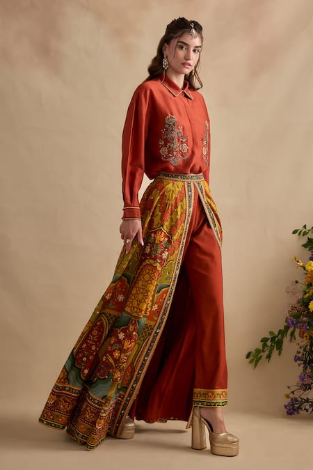 Kalista Multi Color Viscose, Silk Embroidery Collared Revah Shirt And Printed Skirt Set Online at Aza Fashions Kalista_Multi Color Viscose, Silk Embroidery Collared Revah Shirt And Printed Skirt Set _Online_at_Aza_Fashions