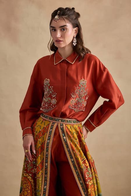Buy Kalista Multi Color Viscose, Silk Embroidery Collared Revah Shirt And Printed Skirt Set Online at Aza Fashions Buy_Kalista_Multi Color Viscose, Silk Embroidery Collared Revah Shirt And Printed Skirt Set _Online_at_Aza_Fashions