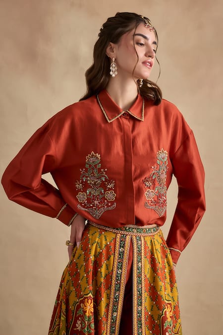 Shop Kalista Multi Color Viscose, Silk Embroidery Collared Revah Shirt And Printed Skirt Set Online at Aza Fashions Shop_Kalista_Multi Color Viscose, Silk Embroidery Collared Revah Shirt And Printed Skirt Set _Online_at_Aza_Fashions