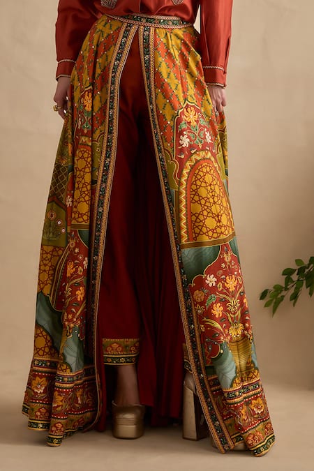 Kalista Multi Color Viscose, Silk Embroidery Collared Revah Shirt And Printed Skirt Set at Aza Fashions Kalista_Multi Color Viscose, Silk Embroidery Collared Revah Shirt And Printed Skirt Set _at_Aza_Fashions