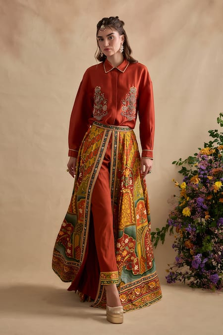 Kalista Revah Embroidered Shirt & Printed Skirt Set 