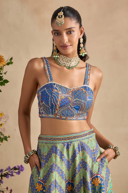 Buy Kalista Blue Viscose, Silk, Organza Embroidery, Urvi Printed Blouse And Sharara Set Online at Aza Fashions Buy_Kalista_Blue Viscose, Silk, Organza Embroidery, Urvi Printed Blouse And Sharara Set _Online_at_Aza_Fashions