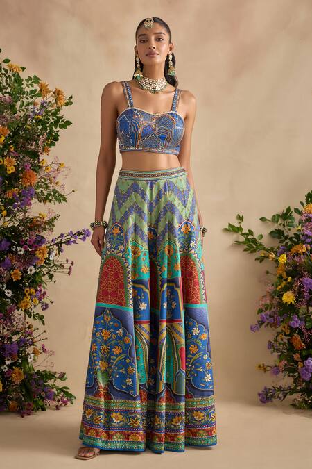 Shop Kalista Blue Viscose, Silk, Organza Embroidery, Urvi Printed Blouse And Sharara Set Shop_Kalista_Blue Viscose, Silk, Organza Embroidery, Urvi Printed Blouse And Sharara Set