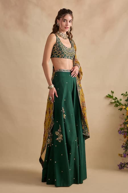 Kalista Green Viscose, Silk Embroidery, Zari, Shanaya Geometric Blouse And Sharara Set Online at Aza Fashions Kalista_Green Viscose, Silk Embroidery, Zari, Shanaya Geometric Blouse And Sharara Set _Online_at_Aza_Fashions