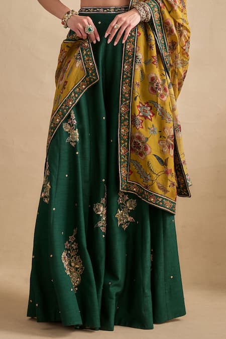 Shop Kalista Green Viscose, Silk Embroidery, Zari, Shanaya Geometric Blouse And Sharara Set Online at Aza Fashions Shop_Kalista_Green Viscose, Silk Embroidery, Zari, Shanaya Geometric Blouse And Sharara Set _Online_at_Aza_Fashions