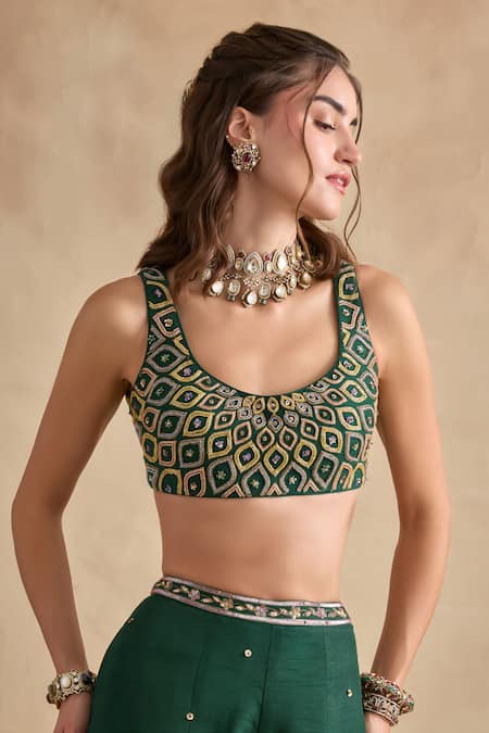 Kalista Green Viscose, Silk Embroidery, Zari, Shanaya Geometric Blouse And Sharara Set at Aza Fashions Kalista_Green Viscose, Silk Embroidery, Zari, Shanaya Geometric Blouse And Sharara Set _at_Aza_Fashions