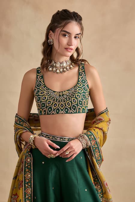 Buy Kalista Green Viscose, Silk Embroidery, Zari, Shanaya Geometric Blouse And Sharara Set Buy_Kalista_Green Viscose, Silk Embroidery, Zari, Shanaya Geometric Blouse And Sharara Set