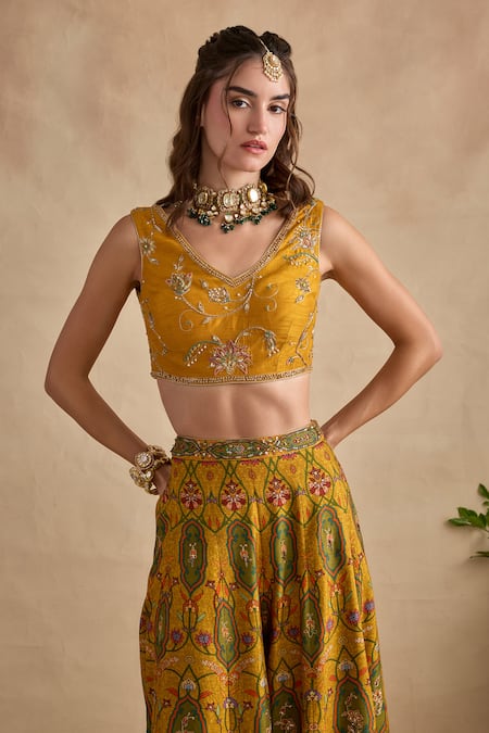 Shop Kalista Mustard Viscose, Silk Embroidery, Sequins, Beads Urja Blouse Sharara Set Online at Aza Fashions Shop_Kalista_Mustard Viscose, Silk Embroidery, Sequins, Beads Urja Blouse Sharara Set _Online_at_Aza_Fashions