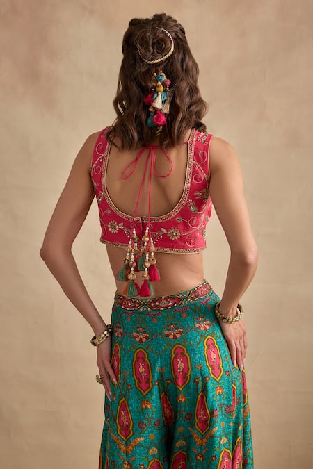 Kalista Pink Viscose, Silk Embroidery, Zari, Tassels V-neck, Urja Blouse Sharara Set Online at Aza Fashions Kalista_Pink Viscose, Silk Embroidery, Zari, Tassels V-neck, Urja Blouse Sharara Set _Online_at_Aza_Fashions