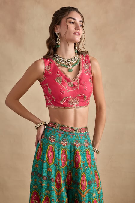 Buy Kalista Pink Viscose, Silk Embroidery, Zari, Tassels V-neck, Urja Blouse Sharara Set Online at Aza Fashions Buy_Kalista_Pink Viscose, Silk Embroidery, Zari, Tassels V-neck, Urja Blouse Sharara Set _Online_at_Aza_Fashions
