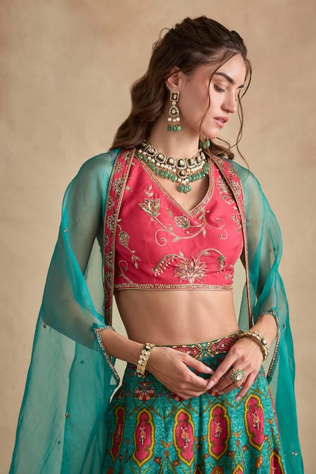 Kalista Pink Viscose, Silk Embroidery, Zari, Tassels V-neck, Urja Blouse Sharara Set at Aza Fashions Kalista_Pink Viscose, Silk Embroidery, Zari, Tassels V-neck, Urja Blouse Sharara Set _at_Aza_Fashions