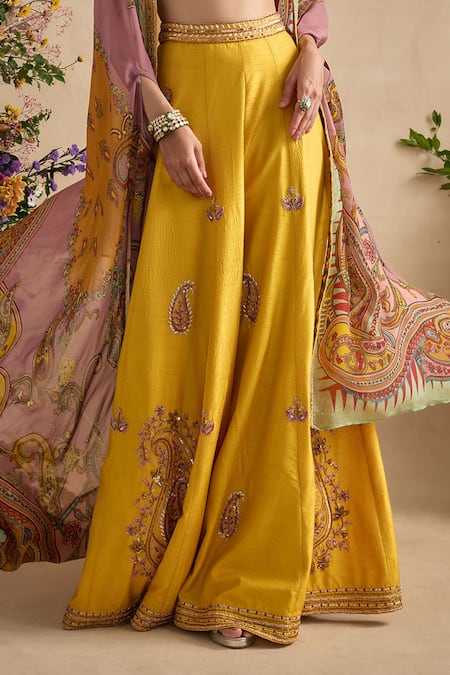 Kalista Yellow Viscose, Silk Embroidery, Sequins, Aneeka Paisley Blouse Sharara Set Online at Aza Fashions Kalista_Yellow Viscose, Silk Embroidery, Sequins, Aneeka Paisley Blouse Sharara Set _Online_at_Aza_Fashions