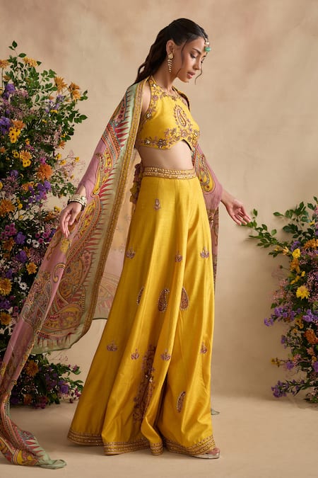 Kalista Yellow Viscose, Silk Embroidery, Sequins, Aneeka Paisley Blouse Sharara Set at Aza Fashions Kalista_Yellow Viscose, Silk Embroidery, Sequins, Aneeka Paisley Blouse Sharara Set _at_Aza_Fashions