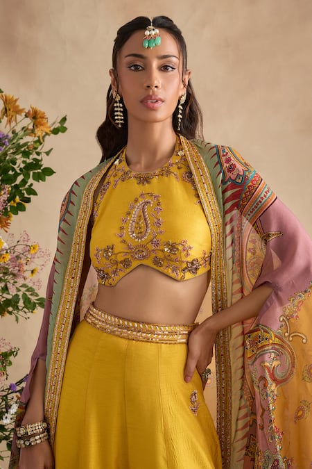 Buy Kalista Yellow Viscose, Silk Embroidery, Sequins, Aneeka Paisley Blouse Sharara Set Buy_Kalista_Yellow Viscose, Silk Embroidery, Sequins, Aneeka Paisley Blouse Sharara Set