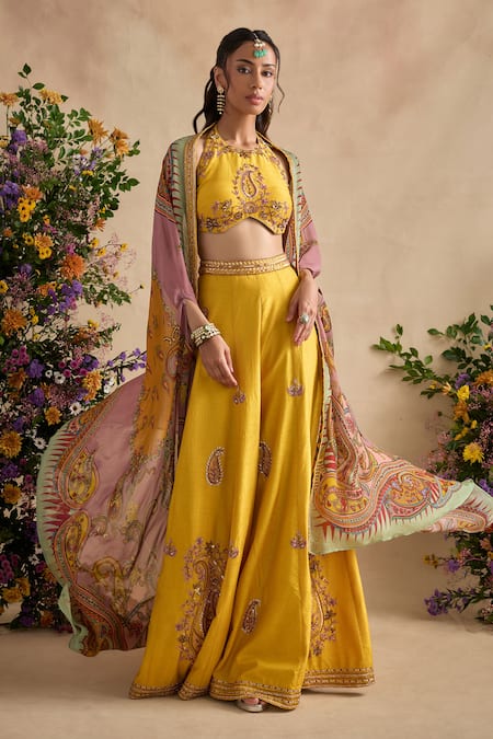 Shop Kalista Yellow Viscose, Silk Embroidery, Sequins, Aneeka Paisley Blouse Sharara Set Shop_Kalista_Yellow Viscose, Silk Embroidery, Sequins, Aneeka Paisley Blouse Sharara Set