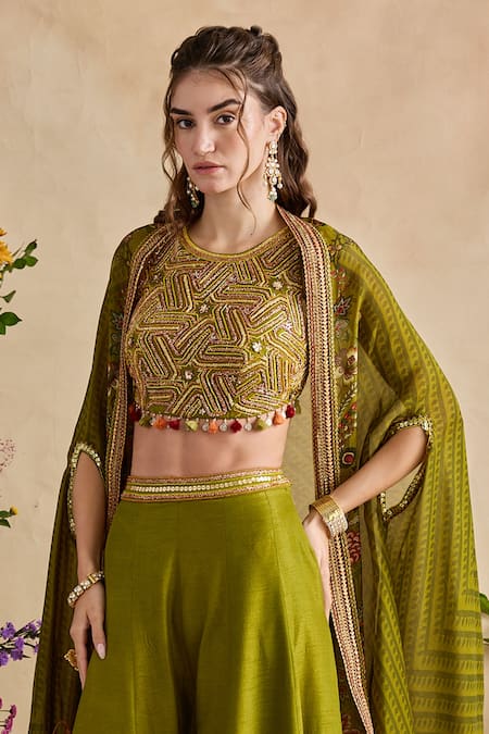 Kalista Pink Viscose, Silk Embroidery, Beads, Raiba Geometric Blouse Sharara Set Online at Aza Fashions Kalista_Pink Viscose, Silk Embroidery, Beads, Raiba Geometric Blouse Sharara Set _Online_at_Aza_Fashions