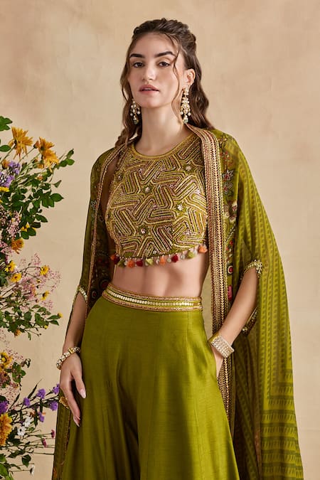 Kalista Pink Viscose, Silk Embroidery, Beads, Raiba Geometric Blouse Sharara Set at Aza Fashions Kalista_Pink Viscose, Silk Embroidery, Beads, Raiba Geometric Blouse Sharara Set _at_Aza_Fashions