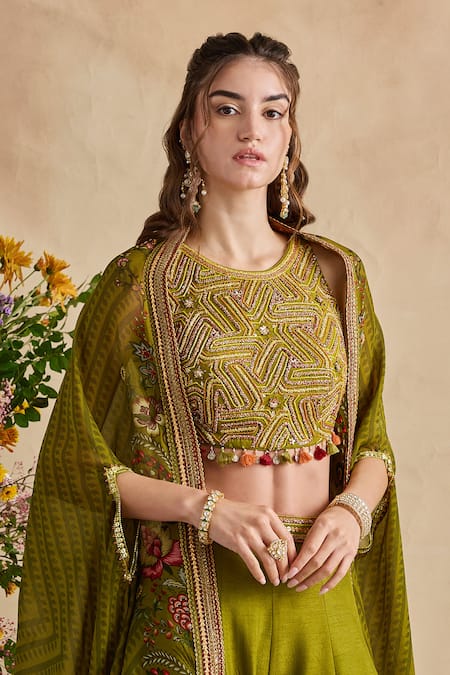 Shop Kalista Pink Viscose, Silk Embroidery, Beads, Raiba Geometric Blouse Sharara Set Shop_Kalista_Pink Viscose, Silk Embroidery, Beads, Raiba Geometric Blouse Sharara Set