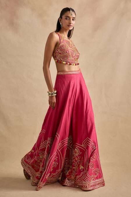Buy Kalista Pink Viscose, Silk Embroidery, Sequins, Raiba Geometric Blouse Sharara Set Online at Aza Fashions Buy_Kalista_Pink Viscose, Silk Embroidery, Sequins, Raiba Geometric Blouse Sharara Set _Online_at_Aza_Fashions