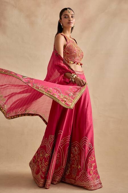 Shop Kalista Pink Viscose, Silk Embroidery, Sequins, Raiba Geometric Blouse Sharara Set Online at Aza Fashions Shop_Kalista_Pink Viscose, Silk Embroidery, Sequins, Raiba Geometric Blouse Sharara Set _Online_at_Aza_Fashions