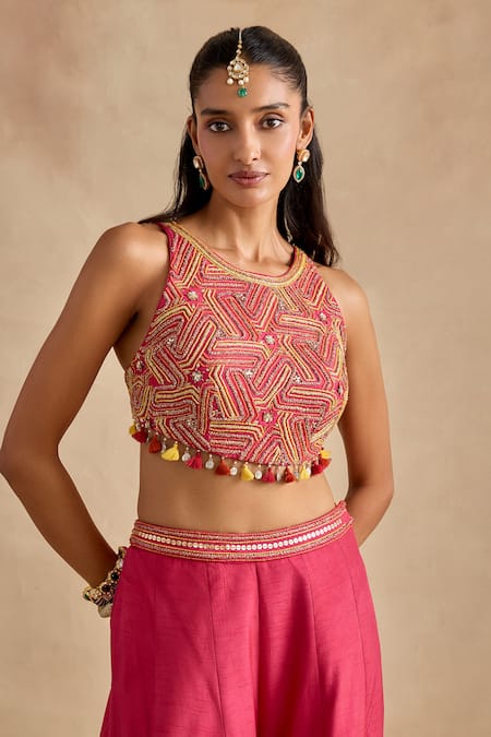 Buy Kalista Pink Viscose, Silk Embroidery, Sequins, Raiba Geometric Blouse Sharara Set Buy_Kalista_Pink Viscose, Silk Embroidery, Sequins, Raiba Geometric Blouse Sharara Set