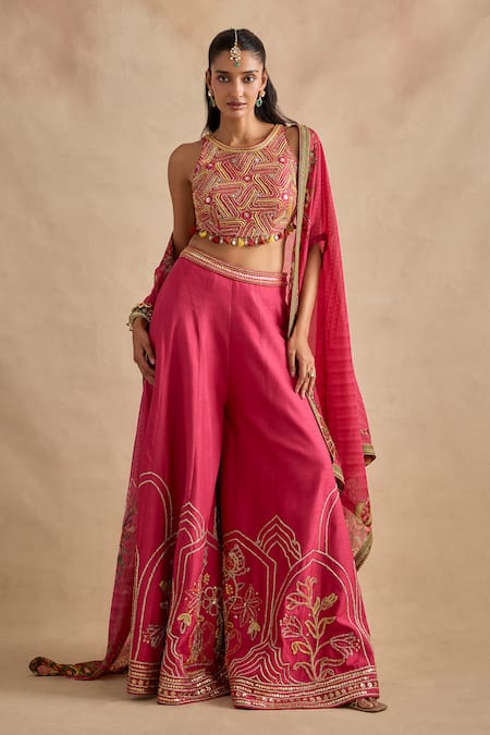 Shop Kalista Pink Viscose, Silk Embroidery, Sequins, Raiba Geometric Blouse Sharara Set Shop_Kalista_Pink Viscose, Silk Embroidery, Sequins, Raiba Geometric Blouse Sharara Set